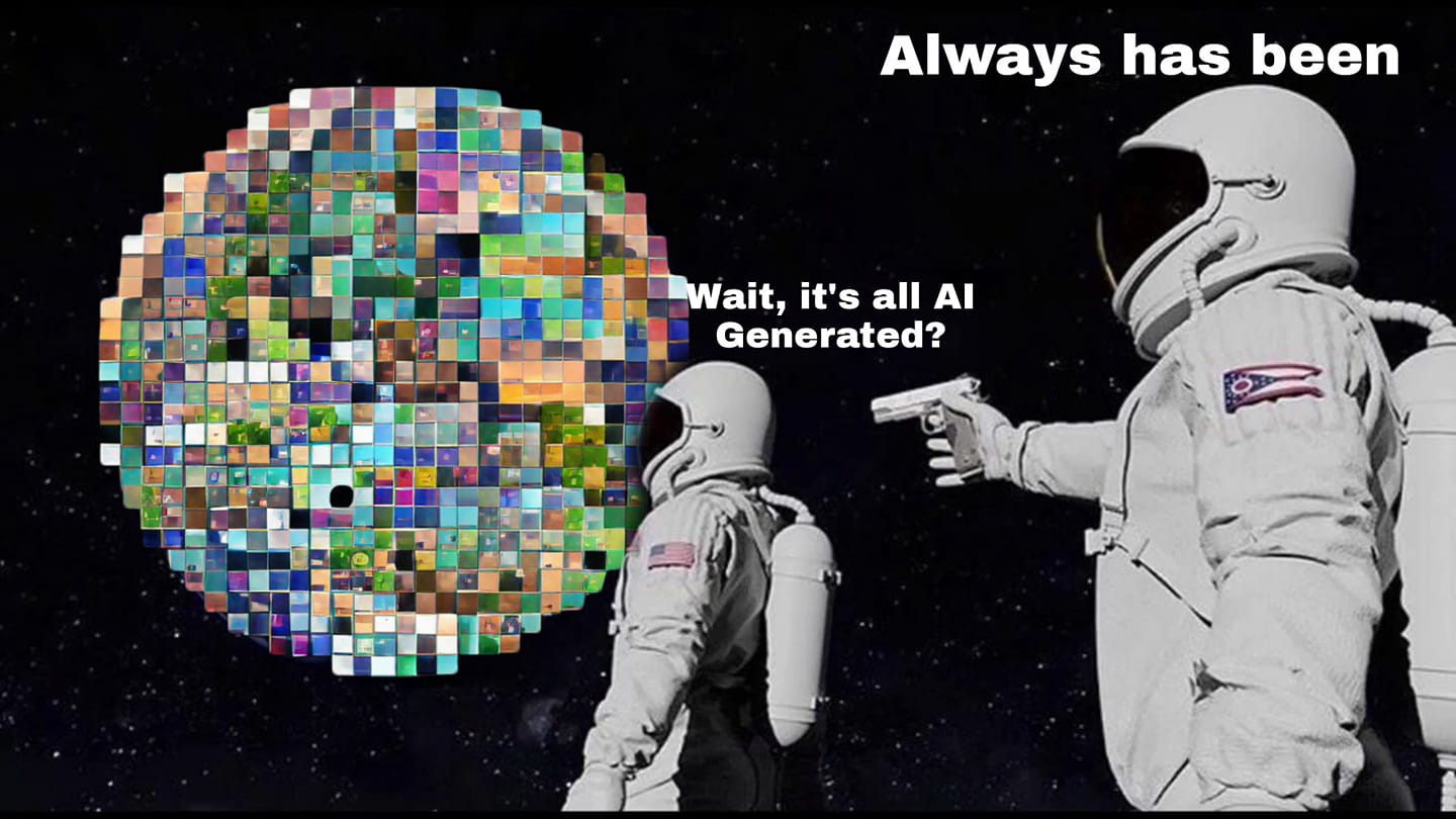 Okay, let's break down this image through several theoretical lenses. It's a potent piece visually and offers a lot to unpack. ## Visual Description The image depicts a dark space setting with a large, spherical mosai...