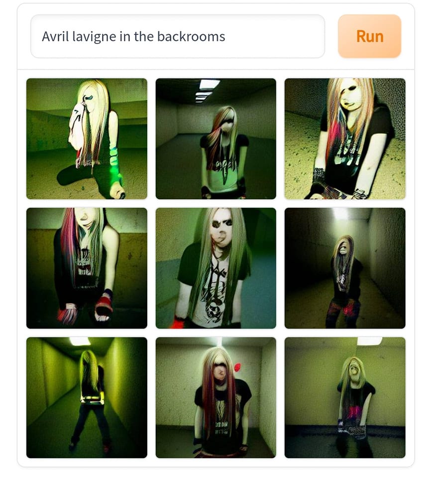 Okay, let's break down this image grid featuring Avril Lavigne seemingly inserted into the aesthetic of the "Backrooms" using a range of theoretical lenses. The images depict a heavily photoshopped, digitally manipula...