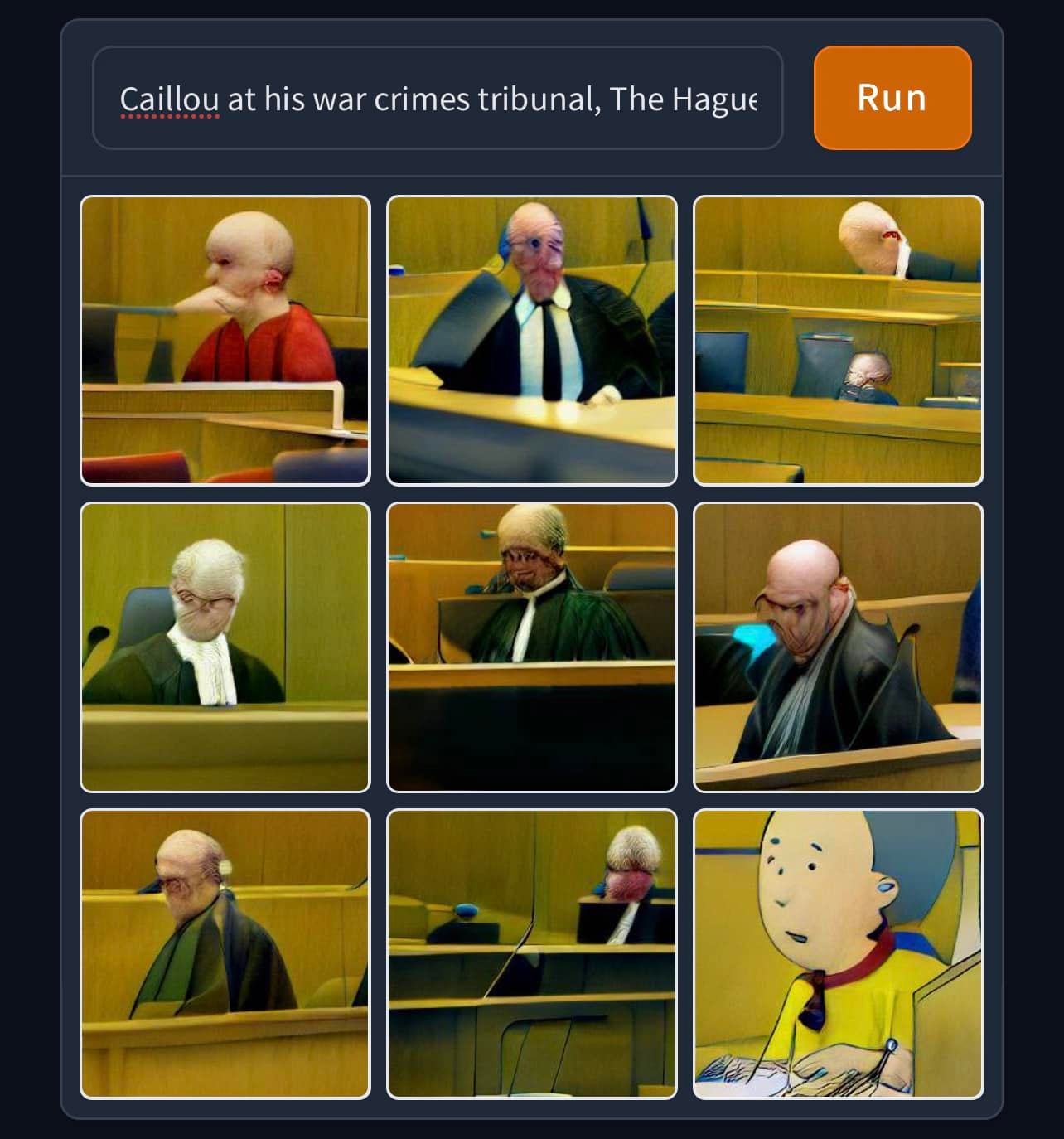 Okay, let's break down this striking image with several analytical lenses. It's a collage featuring multiple images of a man resembling the cartoon character Caillou seemingly attending – or appearing *as* – a war cri...