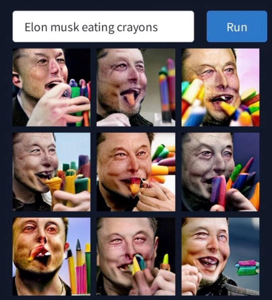 Okay, let's break down this rather bizarre image collage featuring Elon Musk apparently eating crayons through various theoretical lenses. It's... a lot. Given the inherent absurdity, certain lenses will stretch a lit...