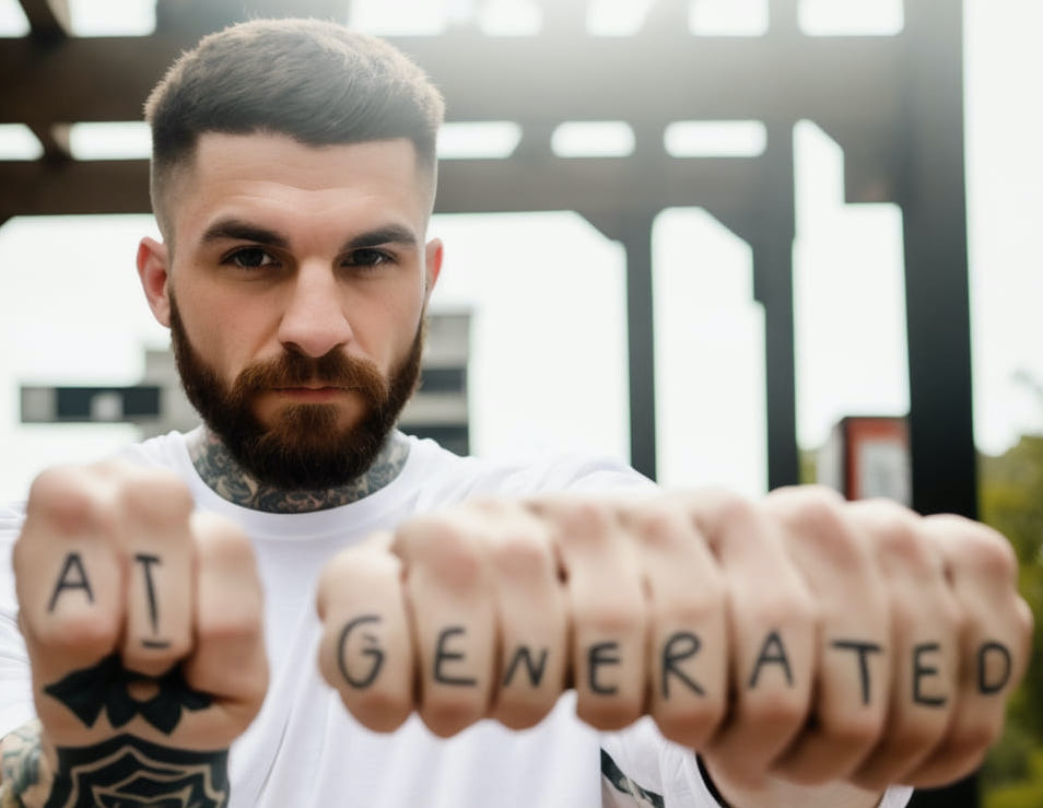 Okay, let's break down this image through several theoretical lenses. **Visual Description** The image features a Caucasian man with a short beard and closely cropped hair. He is positioned centrally in the frame, wit...