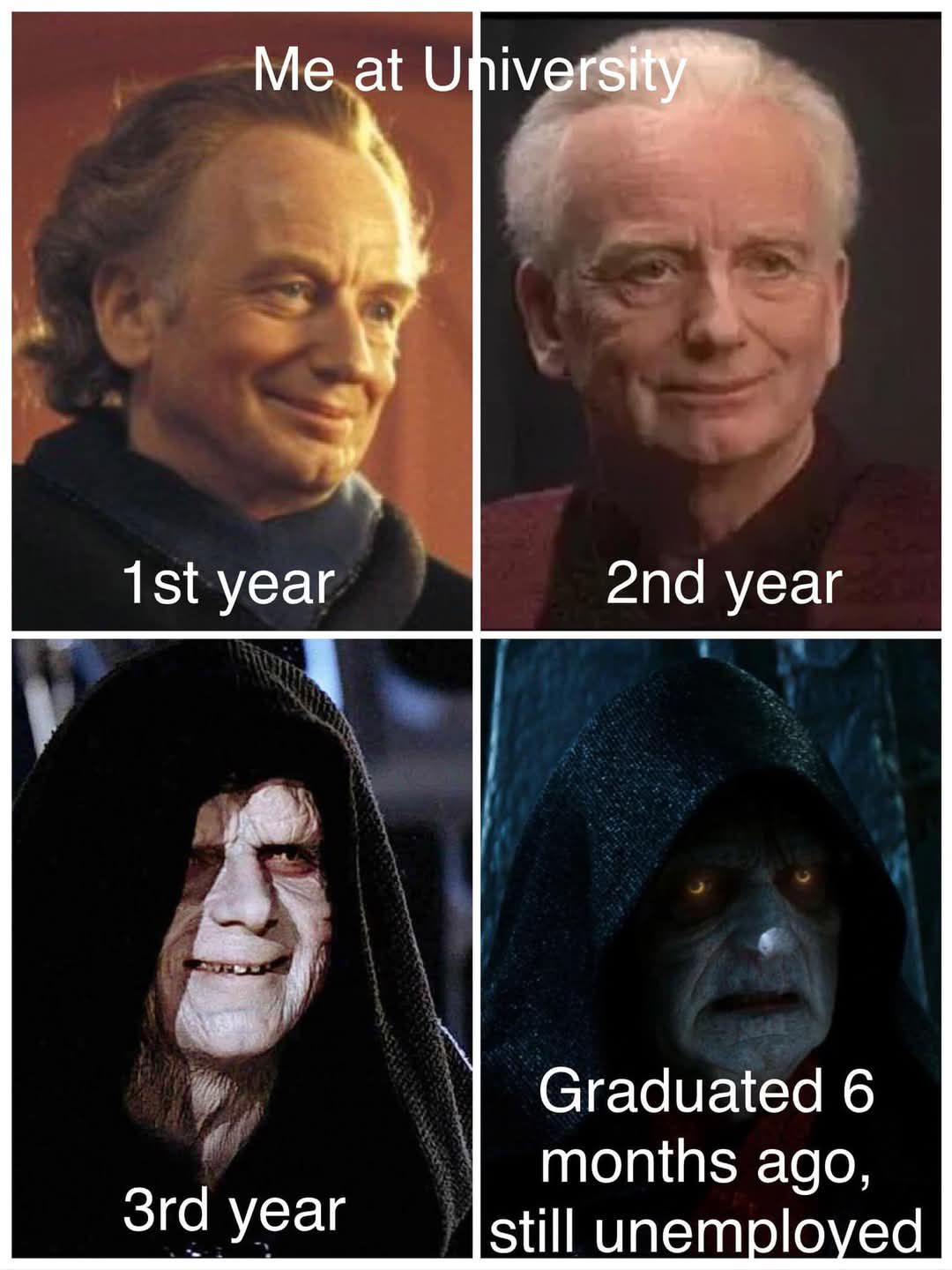 Okay, let's analyze this meme through several theoretical lenses. It's a rich image with layers of meaning, and lends itself well to nuanced interpretations. **Visual Description** The image is a four-panel meme using...