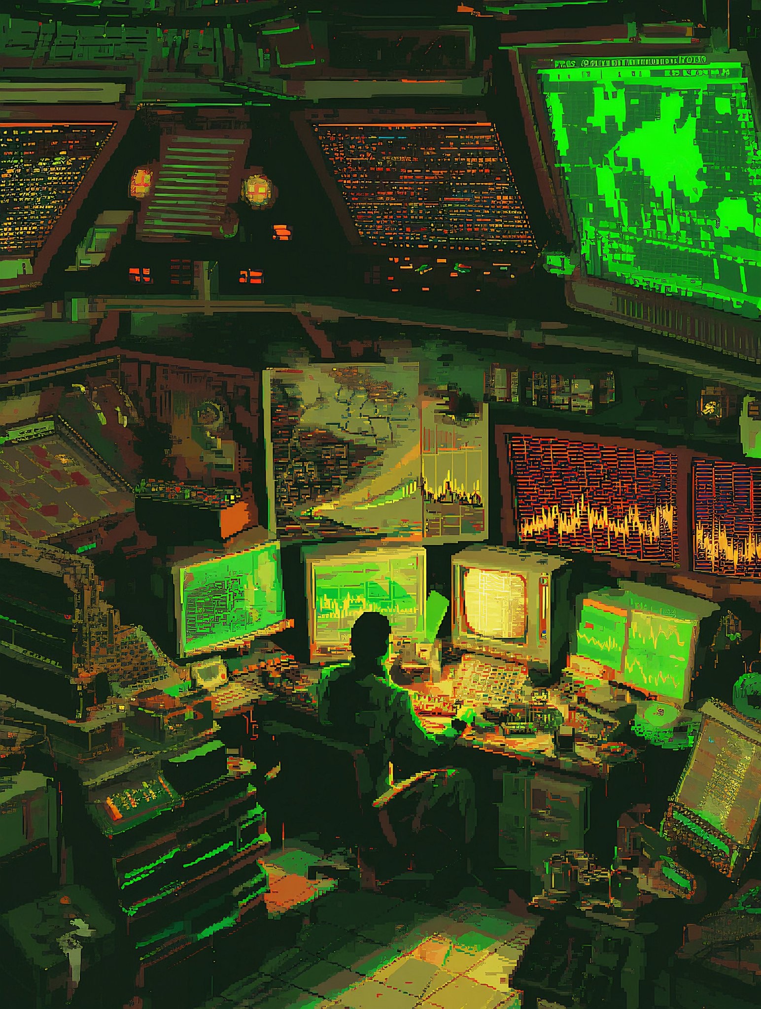 Okay, let's break down the image with the requested theoretical lenses. It's a very evocative image, so there's a lot to unpack! **Visual Description** The image is a low-resolution, heavily saturated digital illustra...