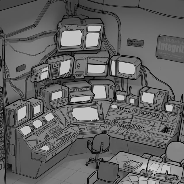 Okay, let's analyze the image, leveraging the theoretical frameworks you've requested. **Visual Description** The image is a detailed line drawing (appears to be digital, imitating pen and ink) depicting the interior...