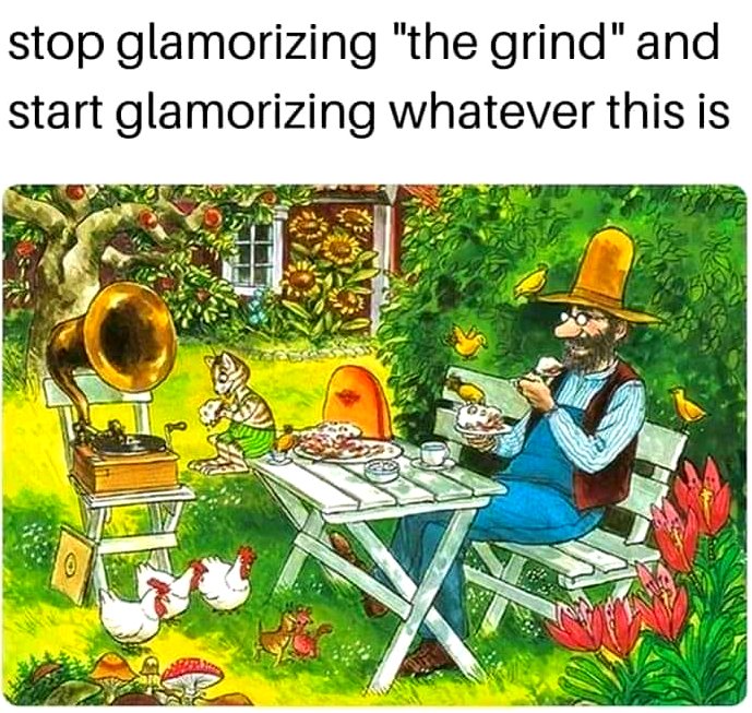 Okay, here's an analysis of the image, broken down into the requested theoretical frameworks where applicable. The image is a charming, vintage illustration with a satirical caption urging a rejection of hustle cultur...