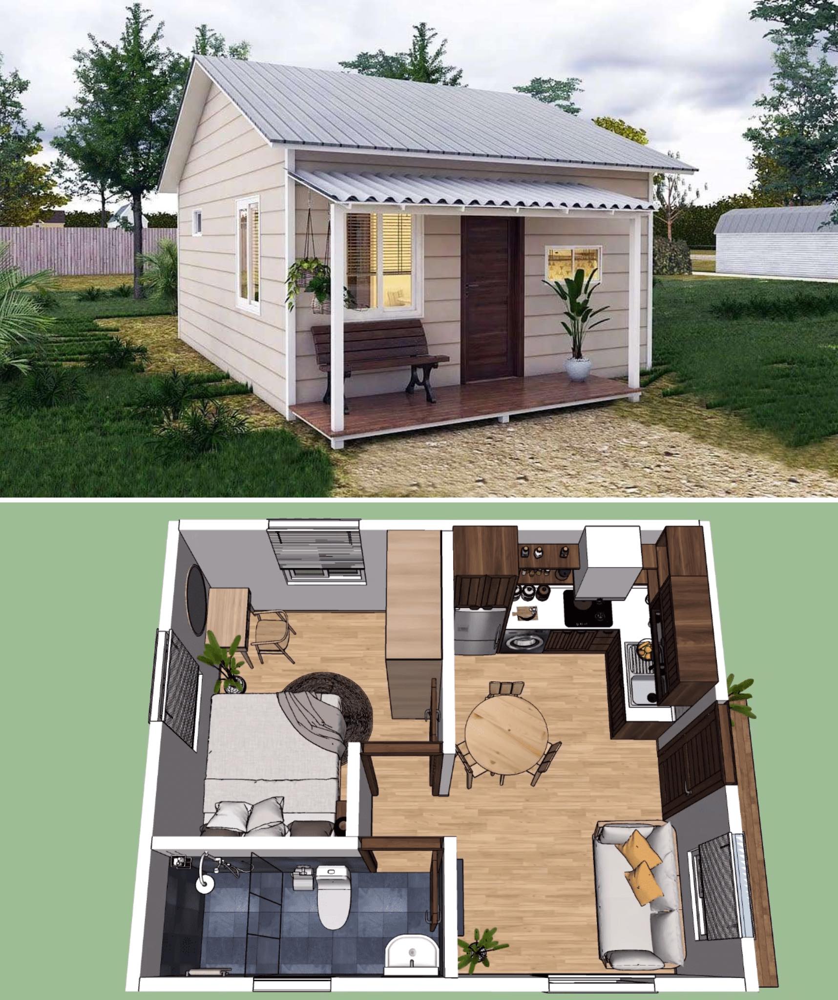 Okay, let's break down an analysis of this small house rendering, incorporating the requested theoretical frameworks where applicable. ## Visual Description The images present a digitally rendered, small, single-story...