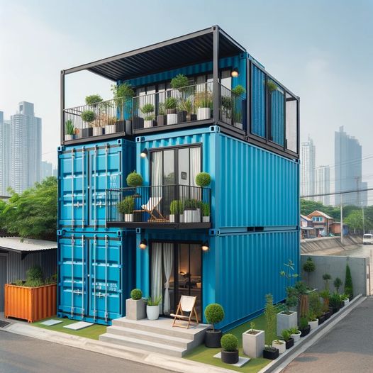Okay, let's break down this image of the container house through the lenses you've requested. I'll include sections only where the theory applies significantly. **Visual Description** The image depicts a multi-story h...