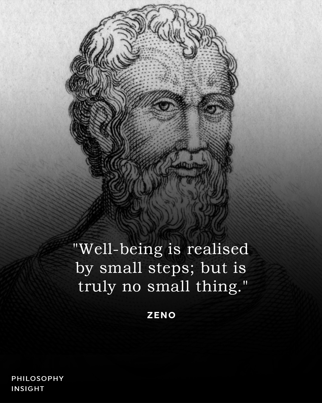 Okay, let's break down the image and the quote through the lens of several critical theories. **Visual Description** The image presents a detailed, engraved-style portrait of a man assumed to be Zeno of Citium, the fo...