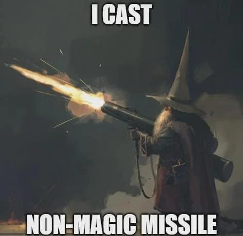 Okay, let's break down this image ("I CAST NON-MAGIC MISSILE") through several critical theory lenses. **Visual Description** The image depicts a figure clearly designed to evoke the archetype of a wizard. The figure...