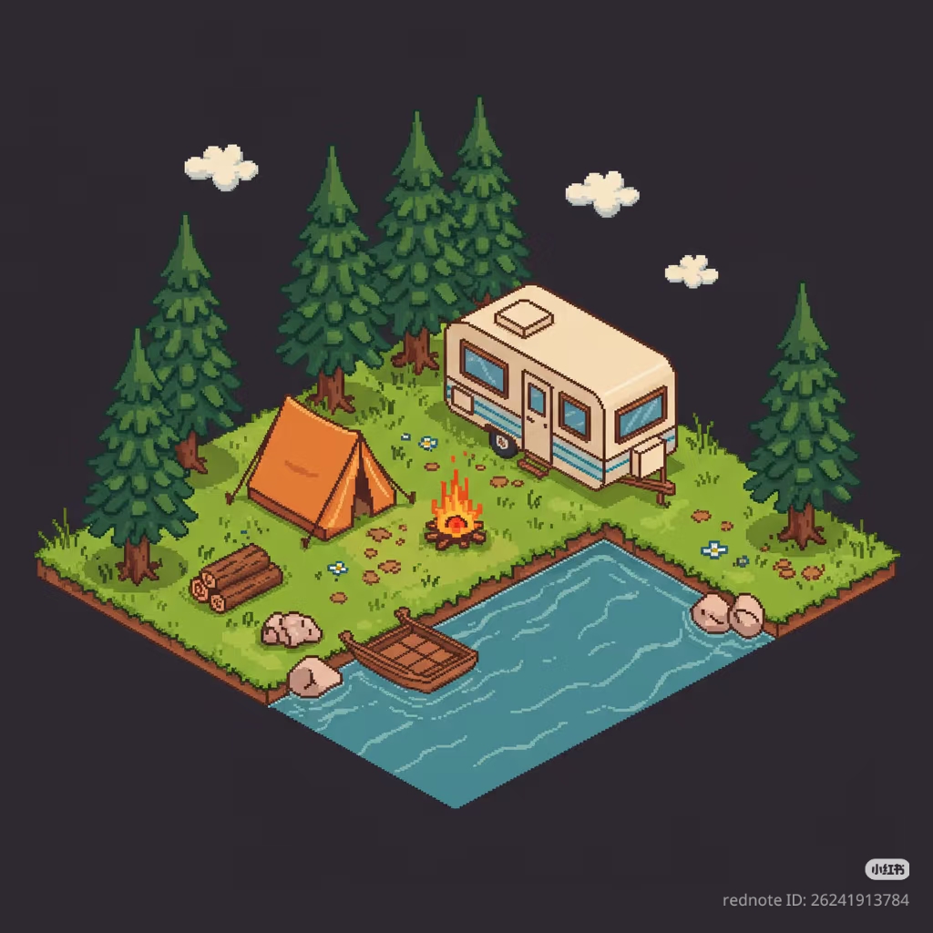 This image depicts a cozy, pixel-art scene of a rustic camping site nestled by a river, featuring a large camper trailer, an orange tent, a campfire, and logs—it is a visual representation of the "Trailer Park" meme w...