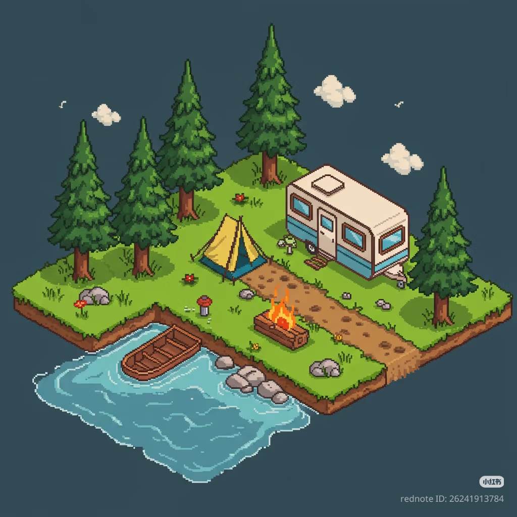 This image depicts a piece of internet nostalgia known as "Cottagecore," which draws heavily on vintage video game graphics and the longing for a simple, nature-connected life. Visually, it captures an isometric scene...