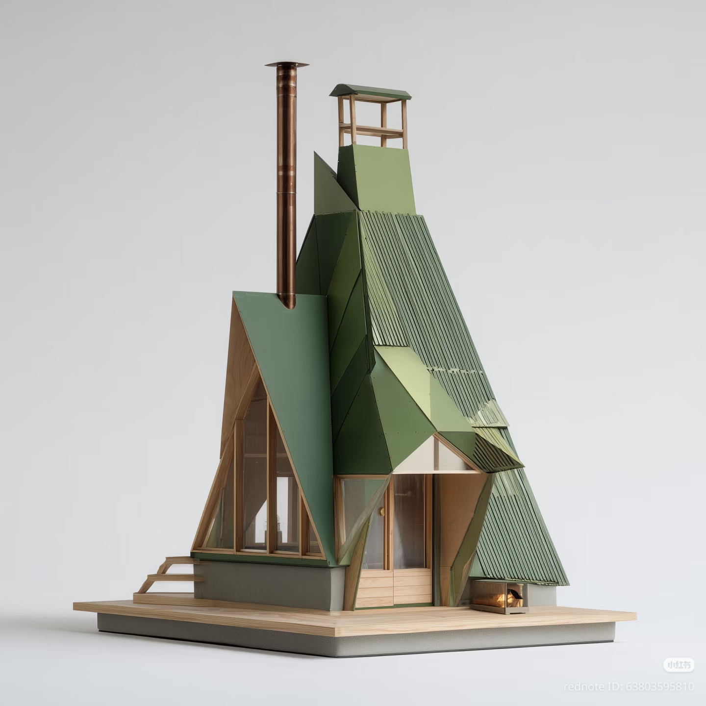 This image depicts a geometric, rustic barn model with sharp angles and warm wood tones, capturing the aesthetic idealization of nature found in Cottagecore art. Details like the copper chimney rising into the sky and...
