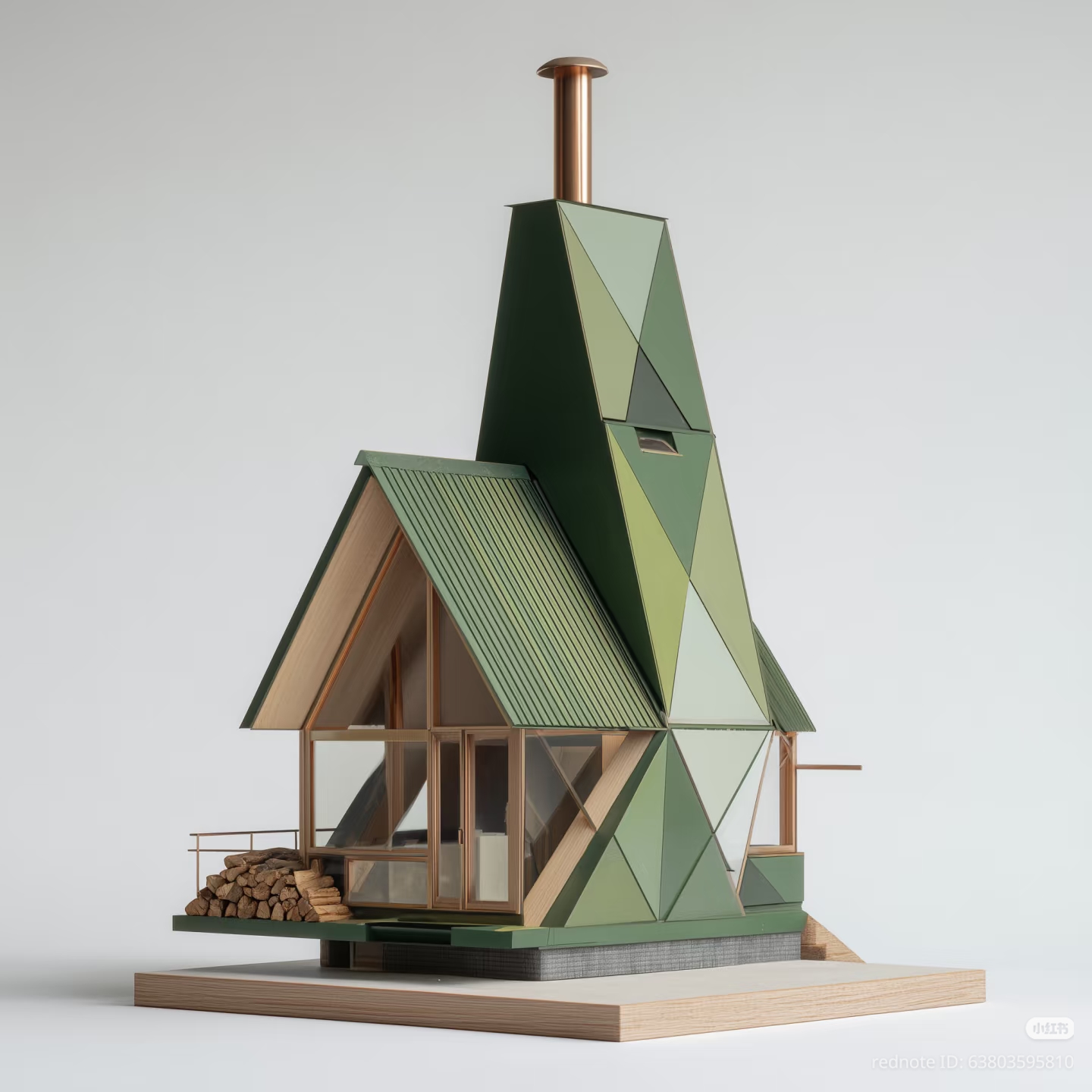 This model illustrates Cottagecore aesthetics by using organic, geometric shapes in shades of sage green and copper to mimic nature. It blends modern glass windows with rustic details like a stack of firewood near the...