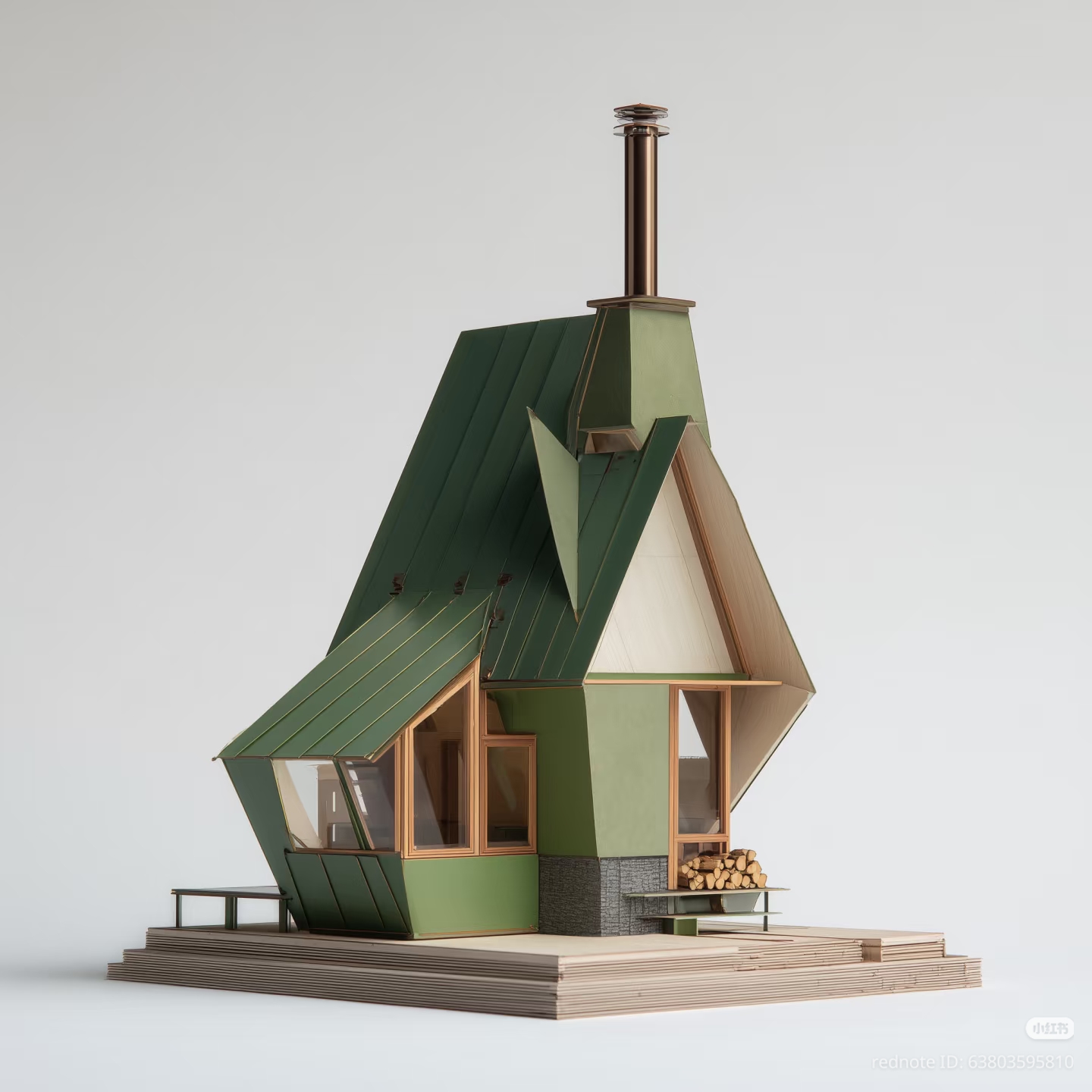 This image displays a stylized architectural model or digital rendering of a cottage featuring green siding, wooden trim, and a tall chimney, fitting into the "Cottagecore" aesthetic of beautiful, nature-inspired home...