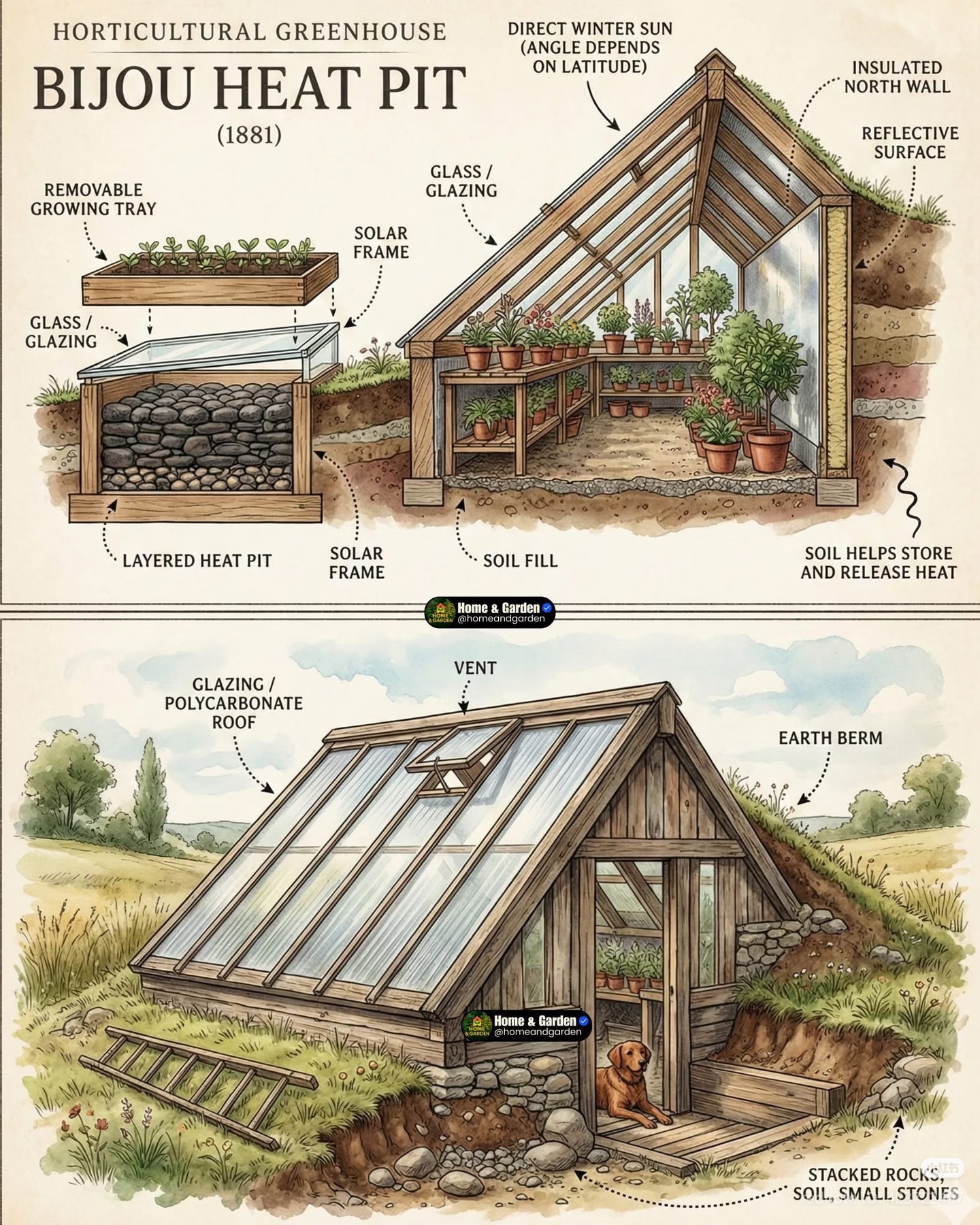 This image captures a specific moment of **time travel** for gardeners who dream of a simpler, pre-industrial past. It showcases the **"BIJOU HEAT PIT"** from 1881—a sophisticated device that uses natural materials li...