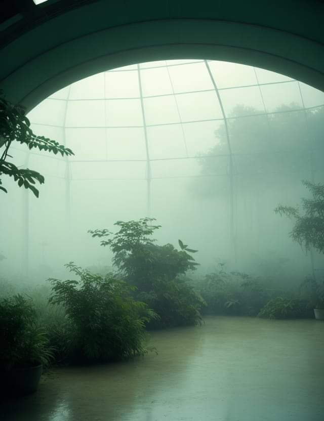 The meme is a photograph of a misty, serene greenhouse with lush greenery and a tranquil atmosphere, evoking a sense of cottagecore. The image is captioned "I'm not lazy, I'm just conserving energy for the apocalypse."