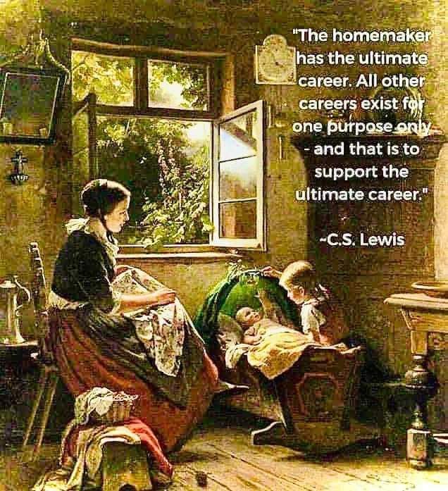 This meme uses the image of a cozy, rustic cottage scene to illustrate the idea that being a homemaker, or a "housewife," is the ultimate career. The text "The homemaker has the ultimate career" is superimposed over t...
