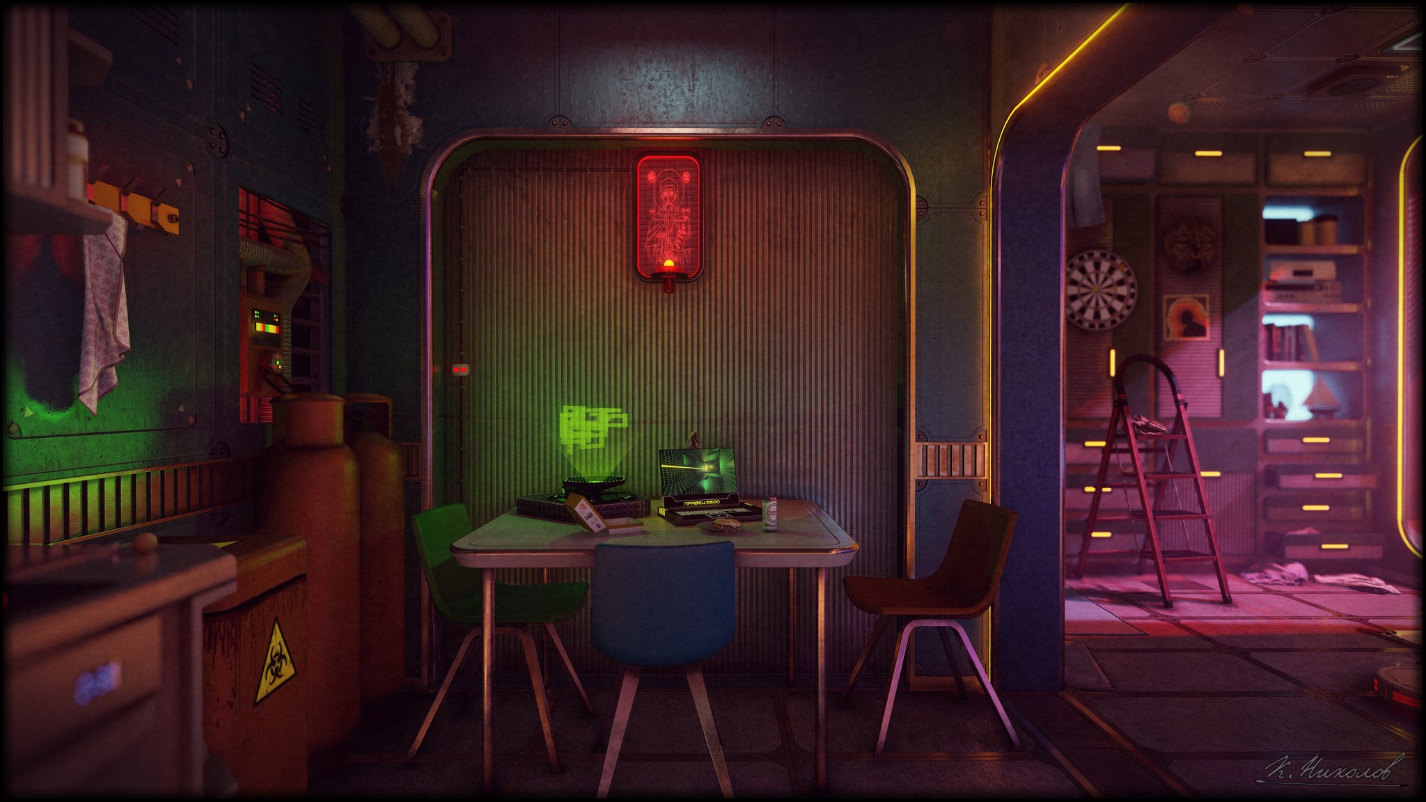 Okay, let's break down this image with the requested critical lenses. It’s a fascinating scene with a lot to unpack! ## Visual Description The image depicts a dimly lit, claustrophobic interior space that evokes a fut...