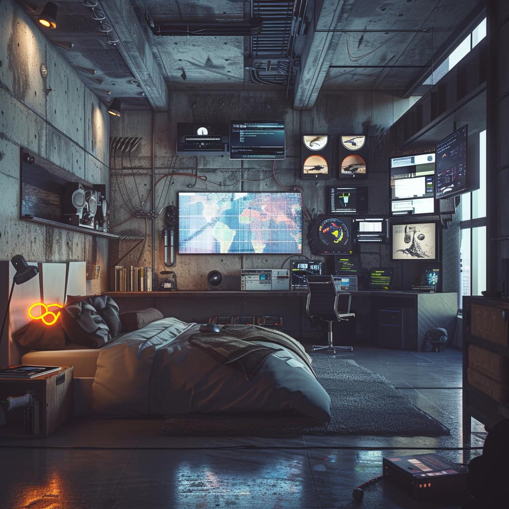 Okay, let's break down this image with several analytical lenses. It's a rich visual and offers plenty to unpack. **Visual Description** The image depicts a highly cluttered, darkly lit room that appears to be a hybri...