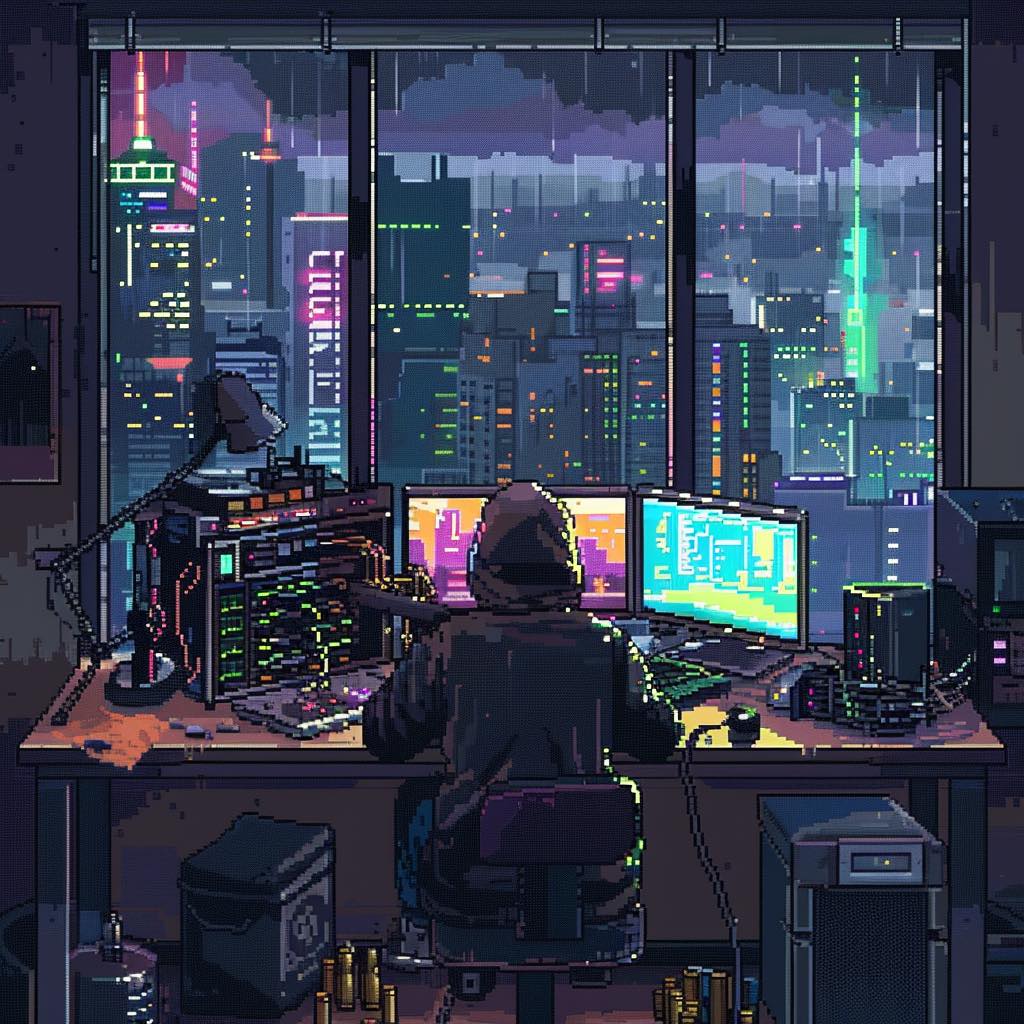 Okay, let's break down this pixel art image using the frameworks you've requested. It's a rich image that lends itself to several analyses. **1. Visual Description** The image is a pixel art rendering depicting a pers...