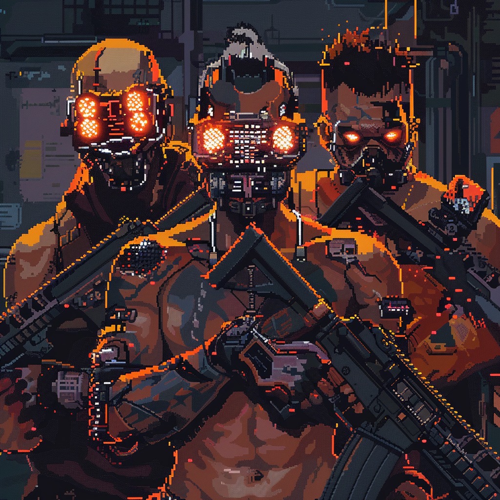 Okay, let's break down the image based on your requested theoretical frameworks. **Visual Description** The image is a pixelated, digitally-rendered depiction of three heavily augmented, menacing figures. They appear...