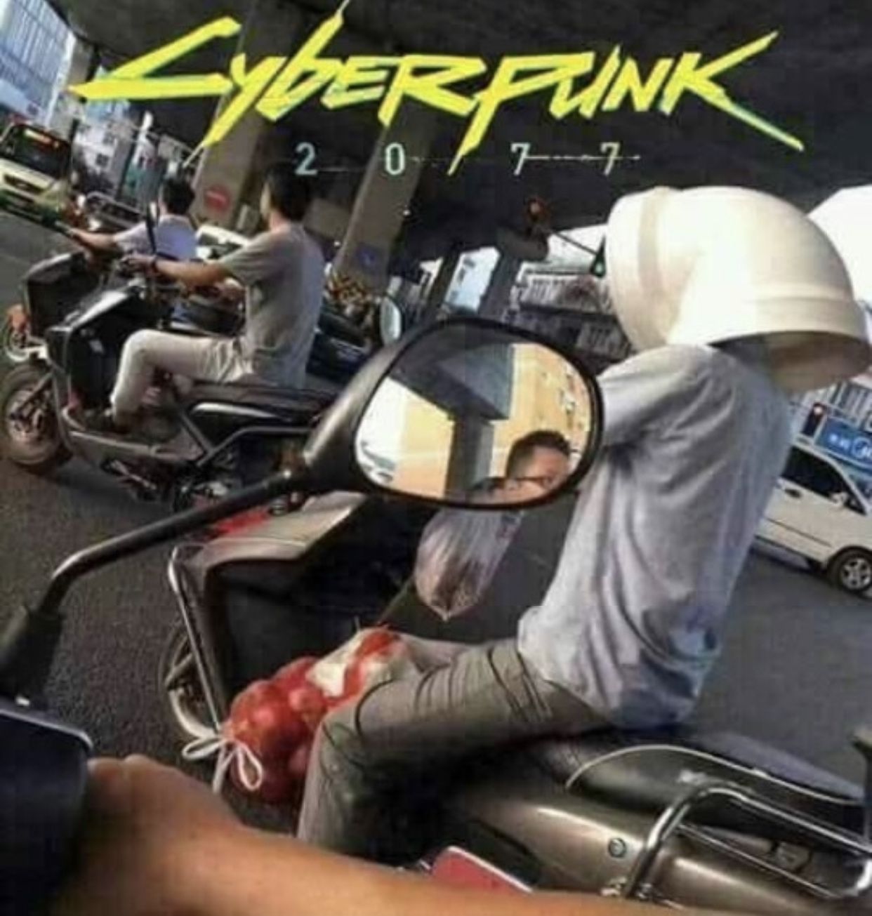 Okay, let's break down this image with the requested theoretical lenses. It's a complex image, seemingly juxtaposing the aesthetic of "Cyberpunk 2077" with everyday life in a Southeast Asian setting (likely Vietnam ba...
