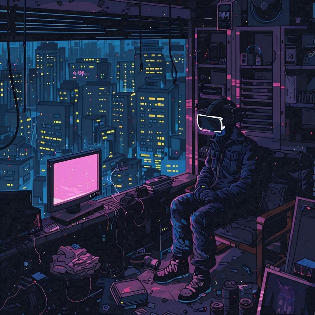 Okay, let's break down this striking image through several theoretical lenses. **Visual Description** The image is a digital illustration rendered in a distinctive, stylized aesthetic—reminiscent of cyberpunk and vapo...