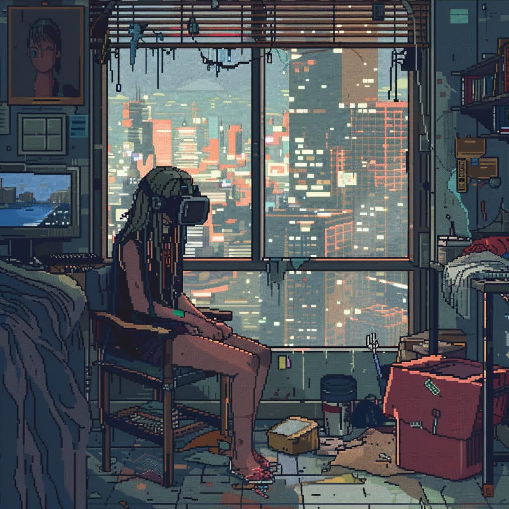 Okay, let's analyze this pixel-art image through the lenses you've requested. It's rich with potential interpretations. ## Visual Description The image is a highly detailed pixel-art composition depicting a small, clu...