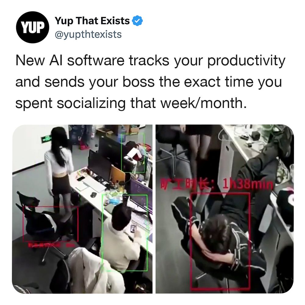 Okay, here's an analysis of the image and accompanying text ("New AI software tracks your productivity and sends your boss the exact time you spent socializing this week/month"), broken down into sections addressing t...