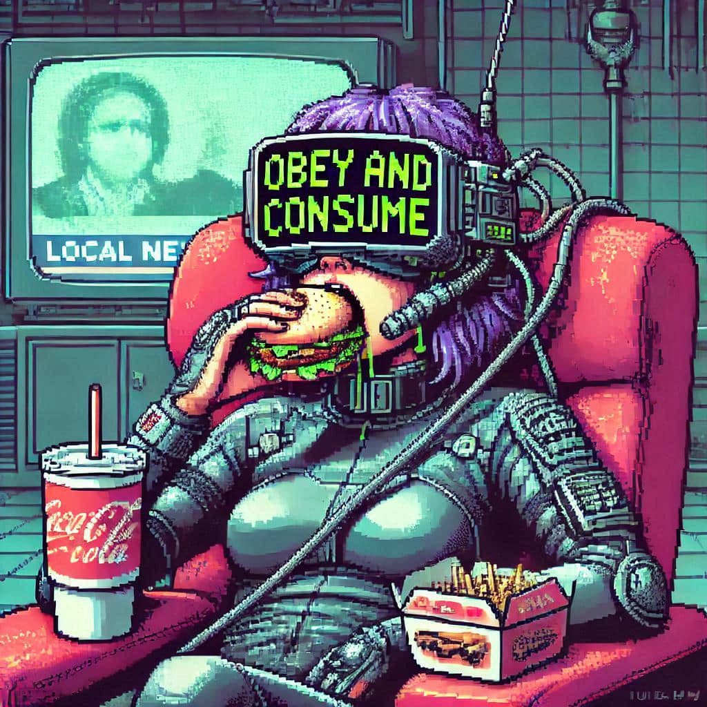 Okay, let's break down this pixel art image through various critical lenses. **Visual Description** The artwork is rendered in a distinct 8-bit/pixel art style reminiscent of early video games, creating a sense of ret...