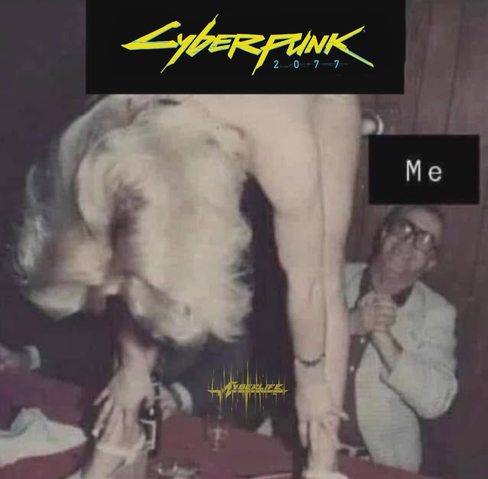 This Cyberpunk-themed meme features a jagged, neon-colored logo for the movie *2077* at the very top, establishing a futuristic and high-tech theme. Below this header, a grainy, vintage photograph of Marilyn Monroe is...