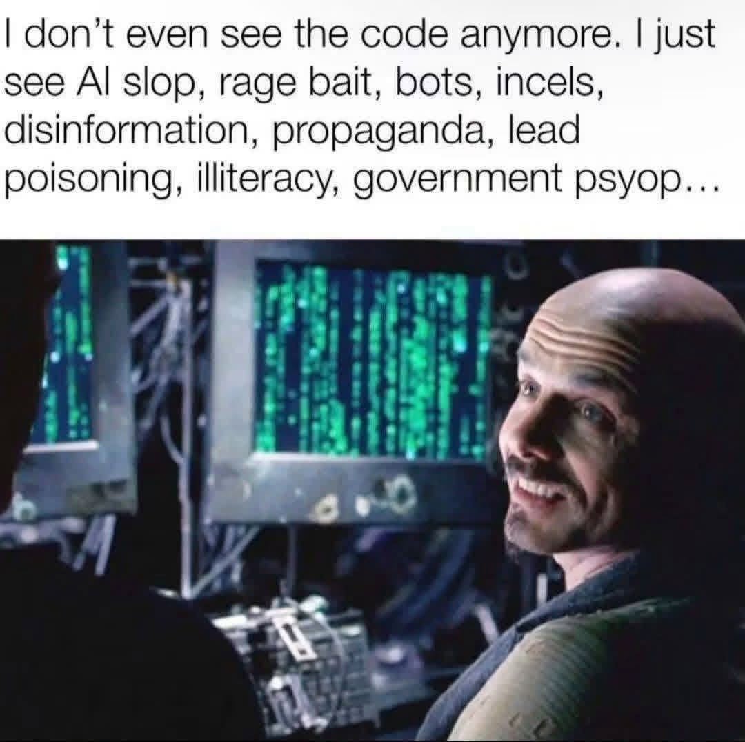 This image depicts a confident figure standing before glowing green screens filled with scrolling code, reminiscent of *The Matrix*. He looks smugly satisfied, implying he has successfully created something of high qu...