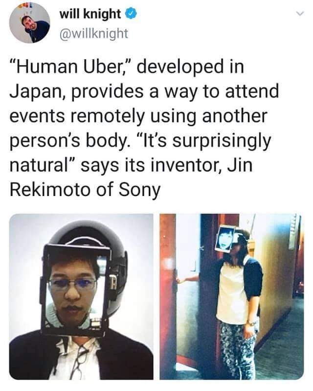 The meme is a humorous commentary on the concept of "Human Uber" in a cyberpunk aesthetic. The image shows a person wearing a helmet with a screen in front of their face, resembling a "Human Uber" driver. The text acc...