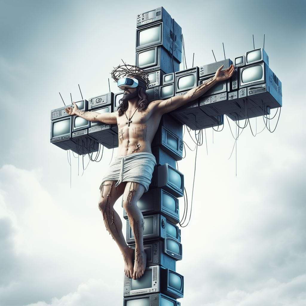 The meme depicts a futuristic, cyberpunk-inspired Jesus Christ crucified on a cross made of stacked, ancient-looking televisions, with a VR headset and a robotic arm. The image's text reads: "I can see your true self,...
