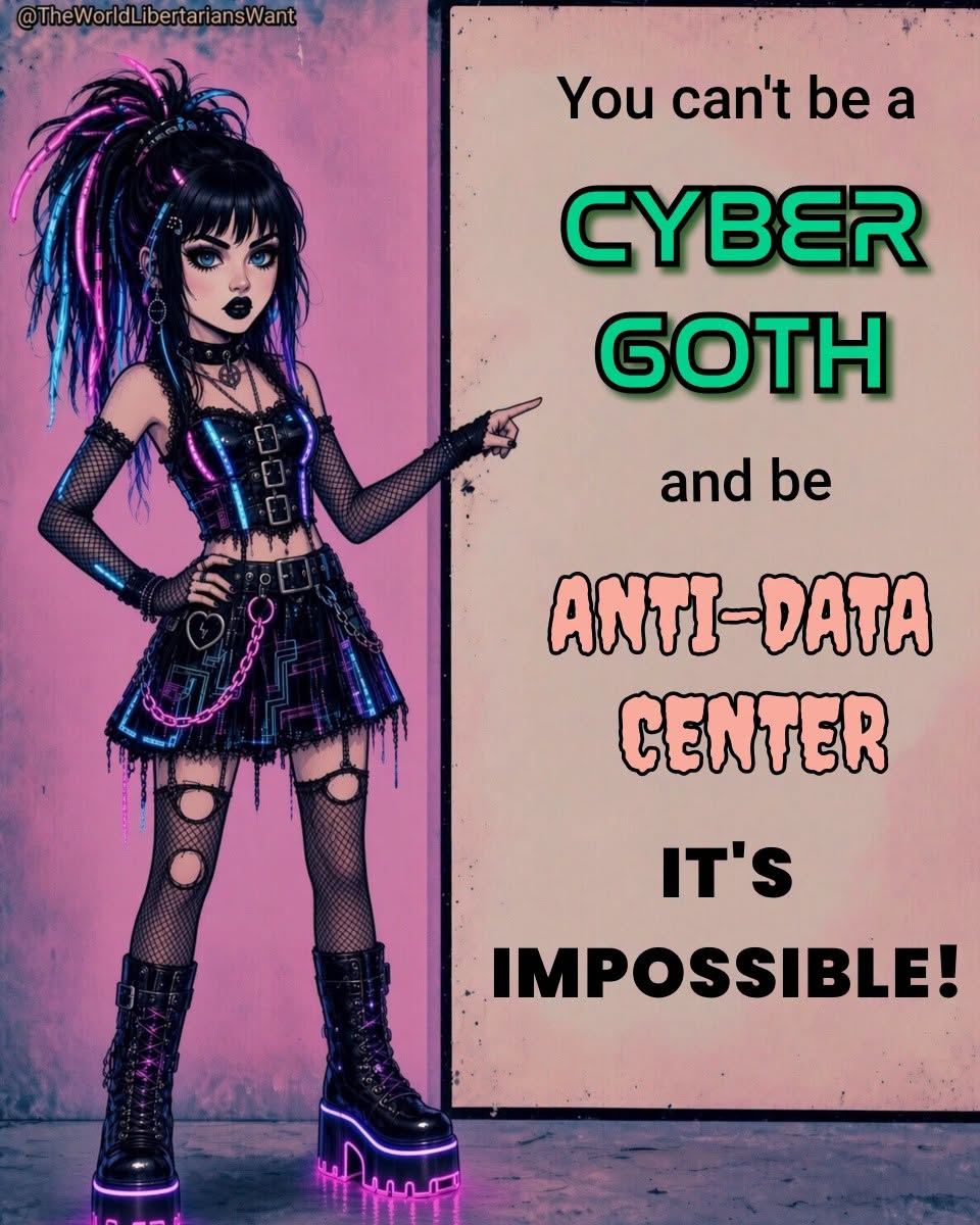 For someone who cannot see it, imagine a futuristic scene featuring a character in neon and leather who points to a wall. The text on the wall makes a funny claim that it is impossible to be a "Cyber Goth" and an "Ant...