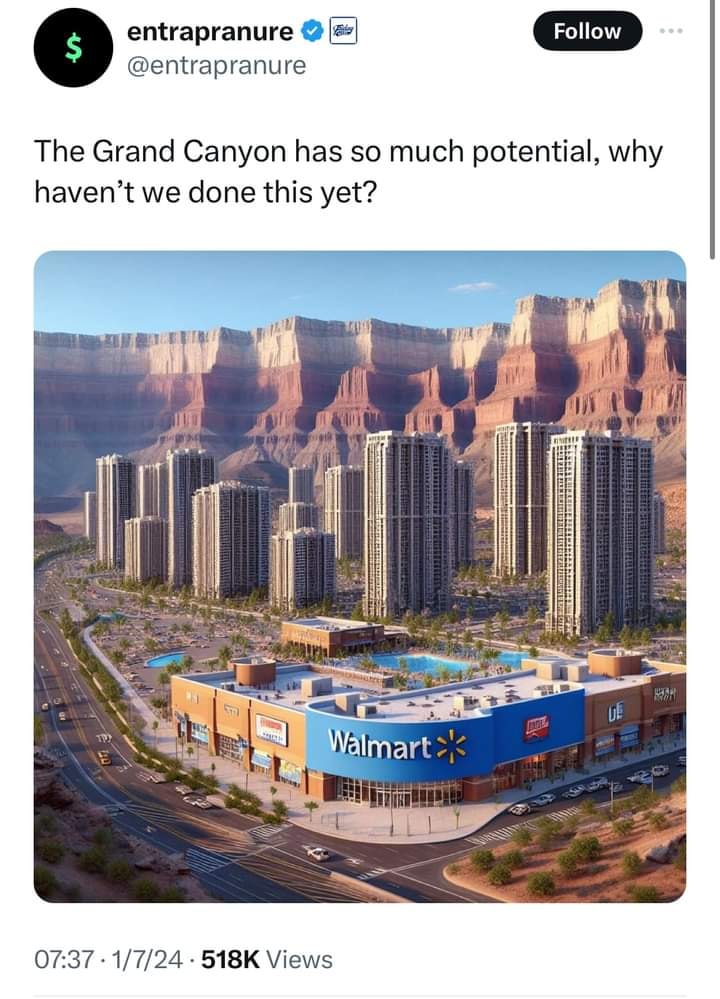 Okay, let's break down this striking (and disturbing) image and the accompanying tweet through the lenses you've requested. ## Visual Description The image depicts a digitally manipulated scene of the Grand Canyon, ra...