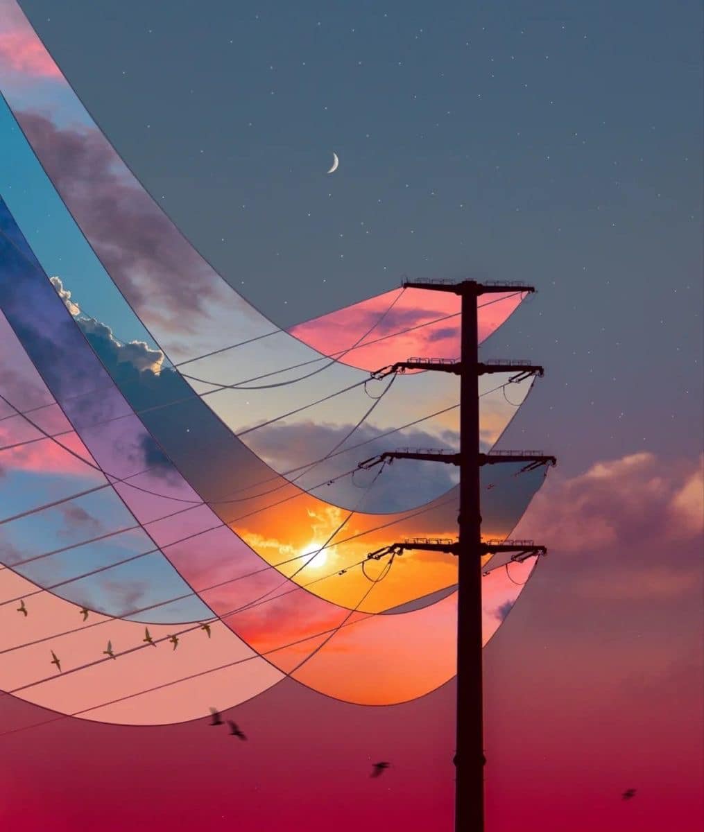 Okay, let's analyze the image with the requested theoretical lenses. ## Visual Description The image depicts a striking composition of natural and artificial elements, dominated by a dramatic sky and a utility pole. T...