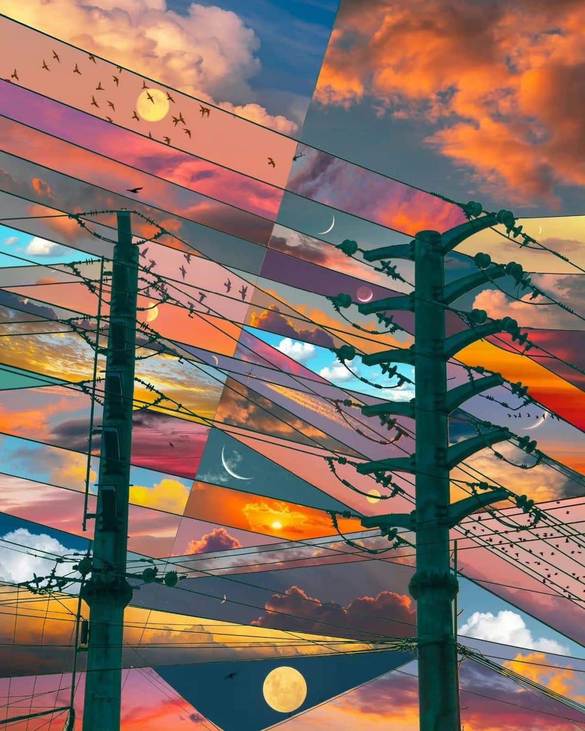Okay, let's break down this striking image with the requested analytical frameworks. **Visual Description** The image is a digital collage or manipulation presenting a vibrant, highly saturated and fragmented sky. The...