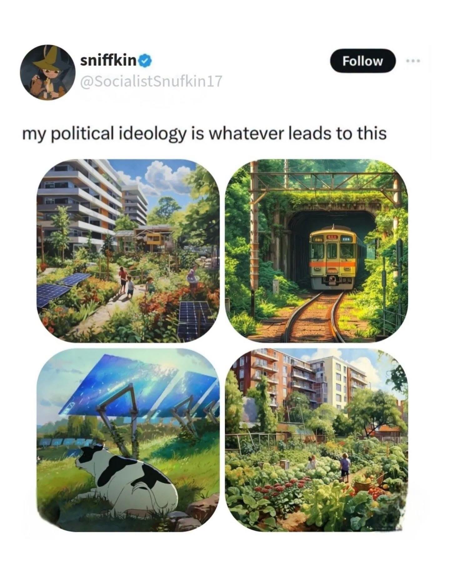 This meme serves as a visual manifesto for **Solarpunk** ideology, which advocates for a future where nature and technology coexist harmoniously. The artwork depicts a utopian vision featuring lush greenery, functioni...