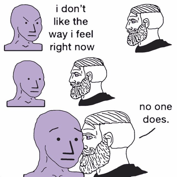 Okay, let's break down this Wojak meme through several theoretical lenses. **Visual Description** The image is a three-panel meme featuring the "Wojak" (or "Feels Guy") character, known for its minimalist, emotion-lad...