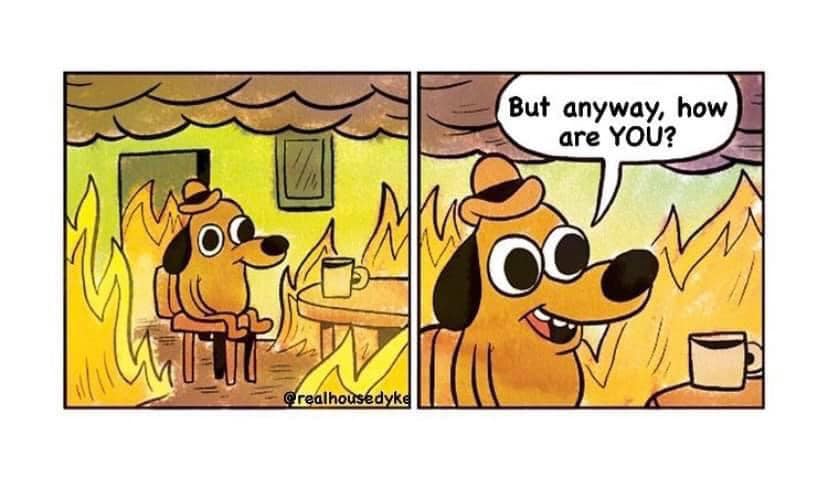 Okay, let's break down this meme (a two-panel cartoon featuring a Shiba Inu dog calmly sipping tea amidst a raging fire) through a few theoretical lenses. It's a rich image for analysis! --- ## Visual Description The...