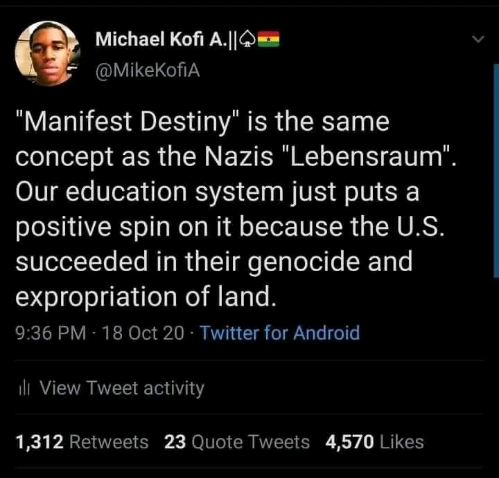 This anti-American meme posits that the concept of "Manifest Destiny" (the historical belief Americans have a right to expand their borders) is identical to Nazi ideology ("Lebensraum"). The tweet argues that the Amer...