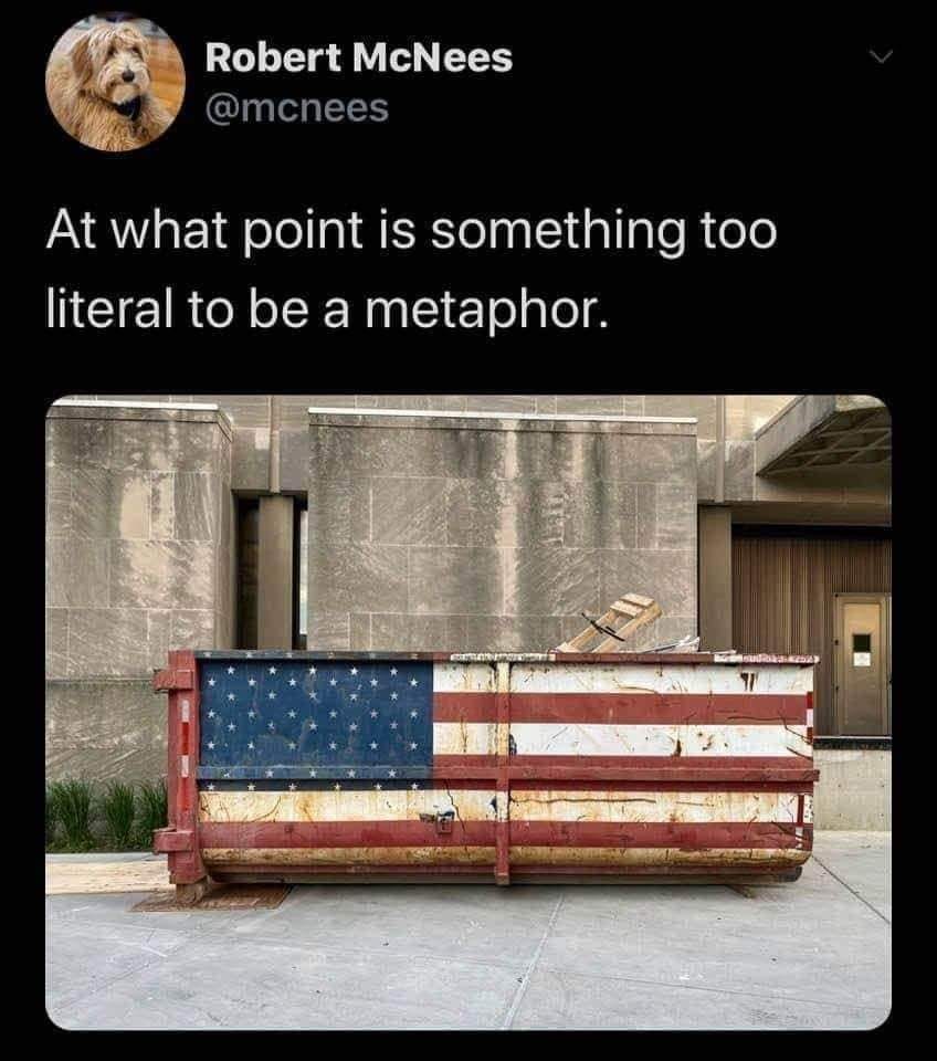Okay, let's break down this image and accompanying tweet through several theoretical lenses. **Visual Description** The image depicts a large metal dumpster/container painted with a faded and distressed representation...