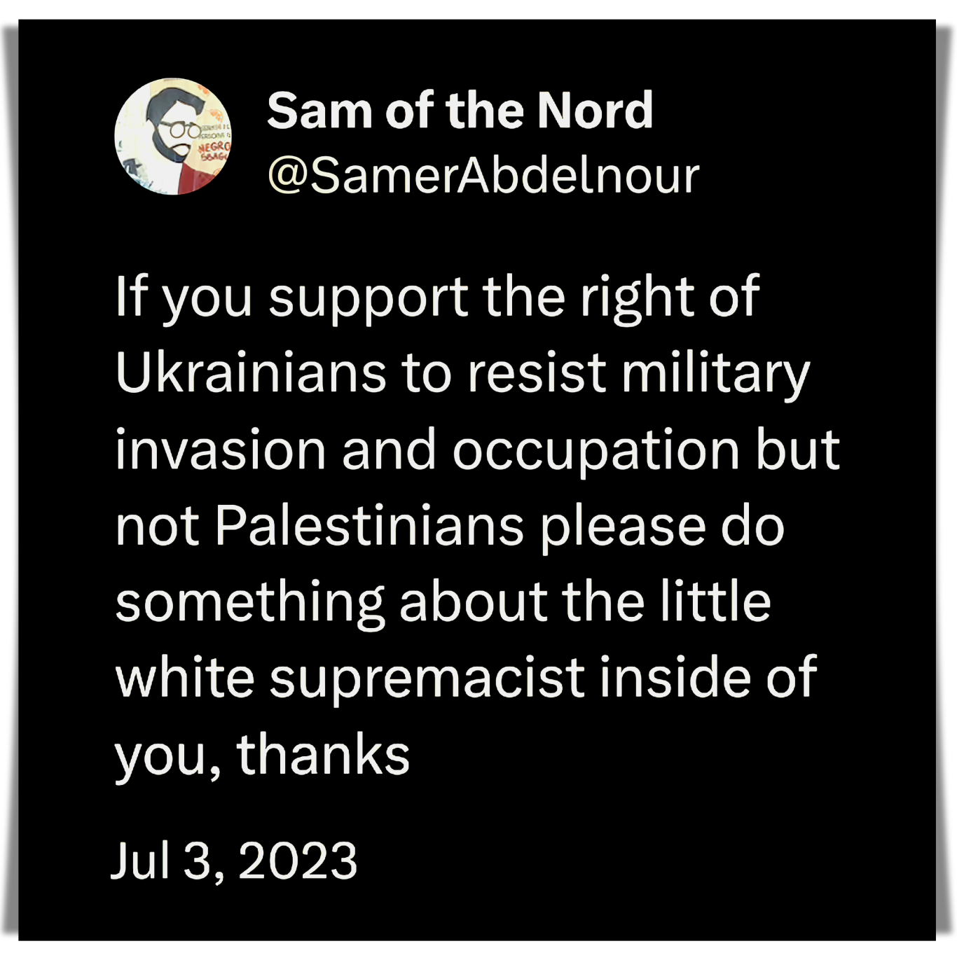 Okay, let's break down this social media post through several theoretical lenses. I will only include the sections that are relevant to the content. **Visual Description** The image is a black square with white text....