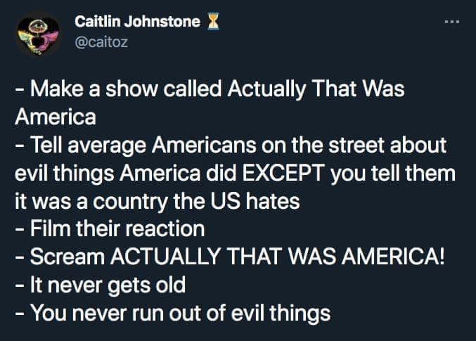 Okay, let's break down this tweet from Caitin Johnstone using the frameworks you've provided. **Visual Description** The image is a screenshot of a tweet on Twitter (now X). The background is a dark, navy blue, common...