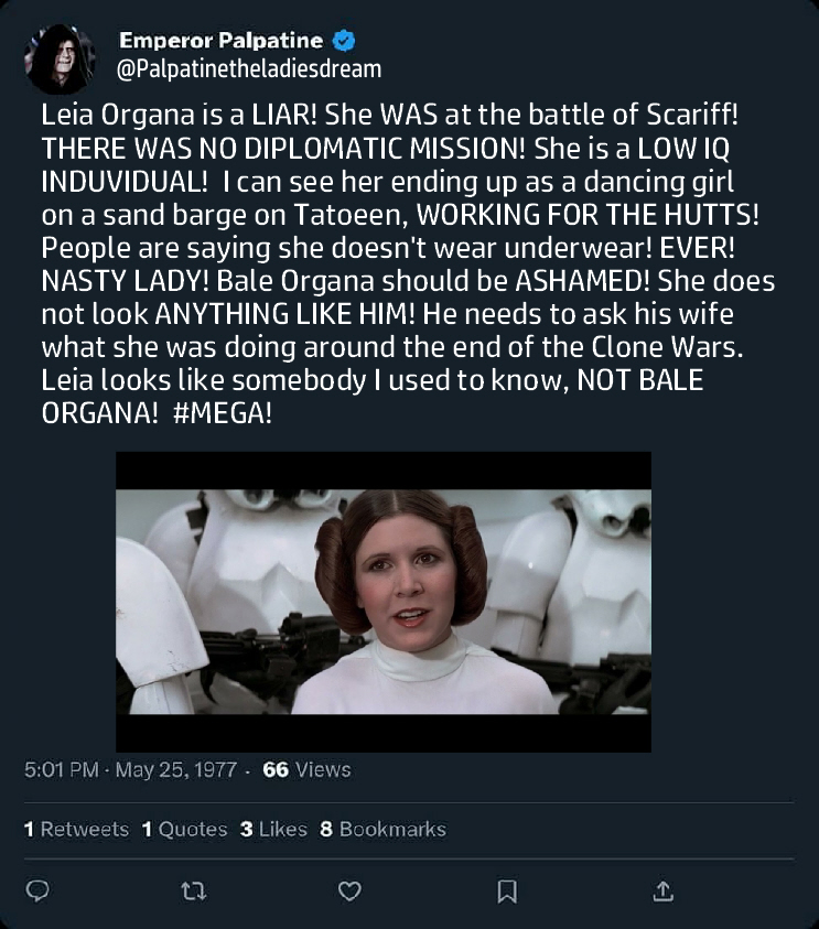 Okay, let's break down this disturbing "tweet" from the (obviously fictional) "Emperor Palpatine" account, using the requested theoretical frameworks where applicable. It's important to note that applying these framew...