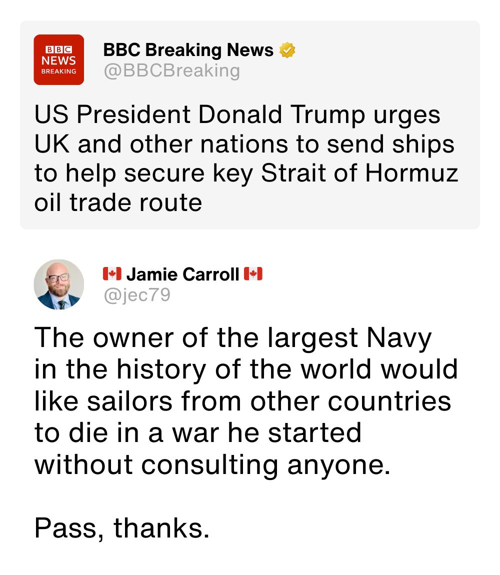 This meme satirizes American military interventionism by flipping a standard security pledge on its head. It begins with a real news headline from BBC asking other nations to send ships for oil safety, implying that c...