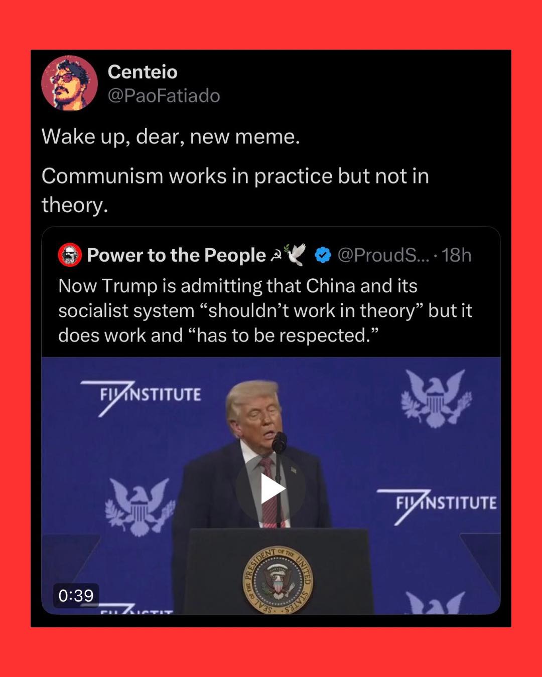 This anti-American joke targets political hypocrisy by referencing a claim that communism "works in practice but not in theory." It uses footage of Donald Trump speaking at an event to illustrate this point, where he...