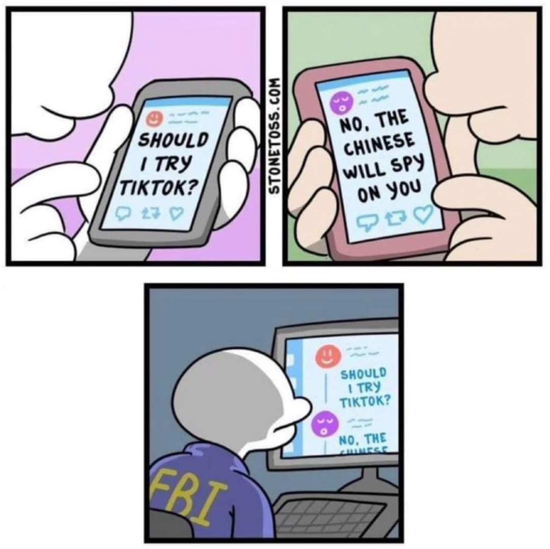 This meme is a commentary on the US-China rivalry and the growing concern of Chinese espionage. The image shows a person asking if they should use TikTok, a Chinese-owned app, and then getting a response that says "no...