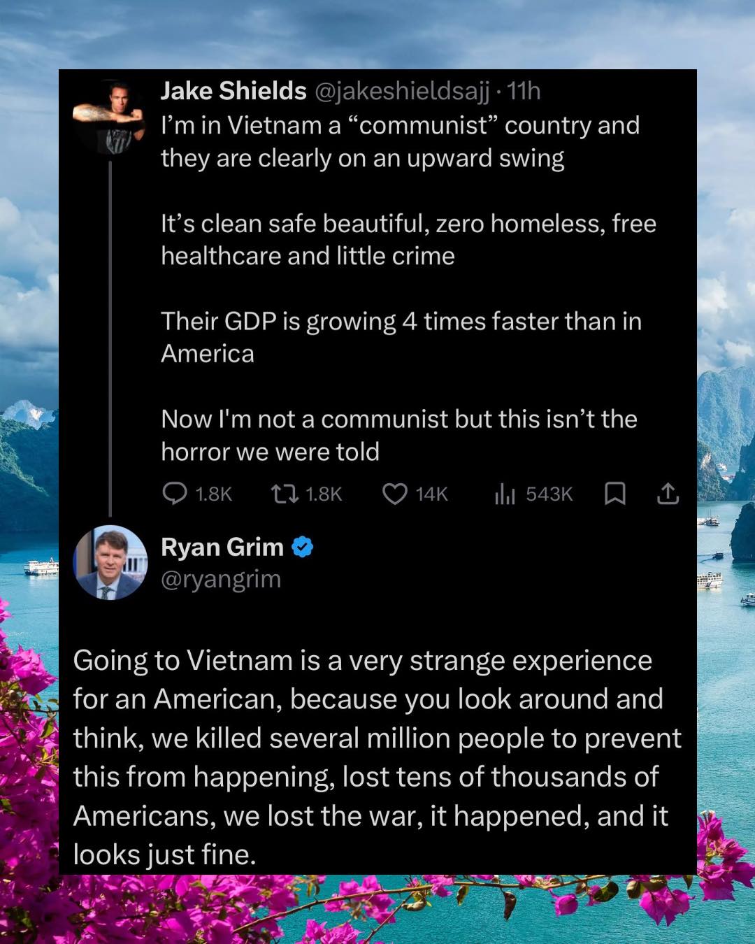 The first tweet presents a contradictory narrative where a user claims to be in Vietnam but simultaneously portrays it as a utopia with free healthcare and safety while arguing that its GDP is actually higher than Ame...